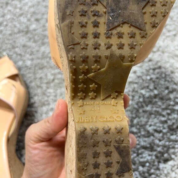 Jimmy Choo Womens 41 Nude Patent Leather Criss-Cross Wedge Slide Sandals - Picture 10 of 11